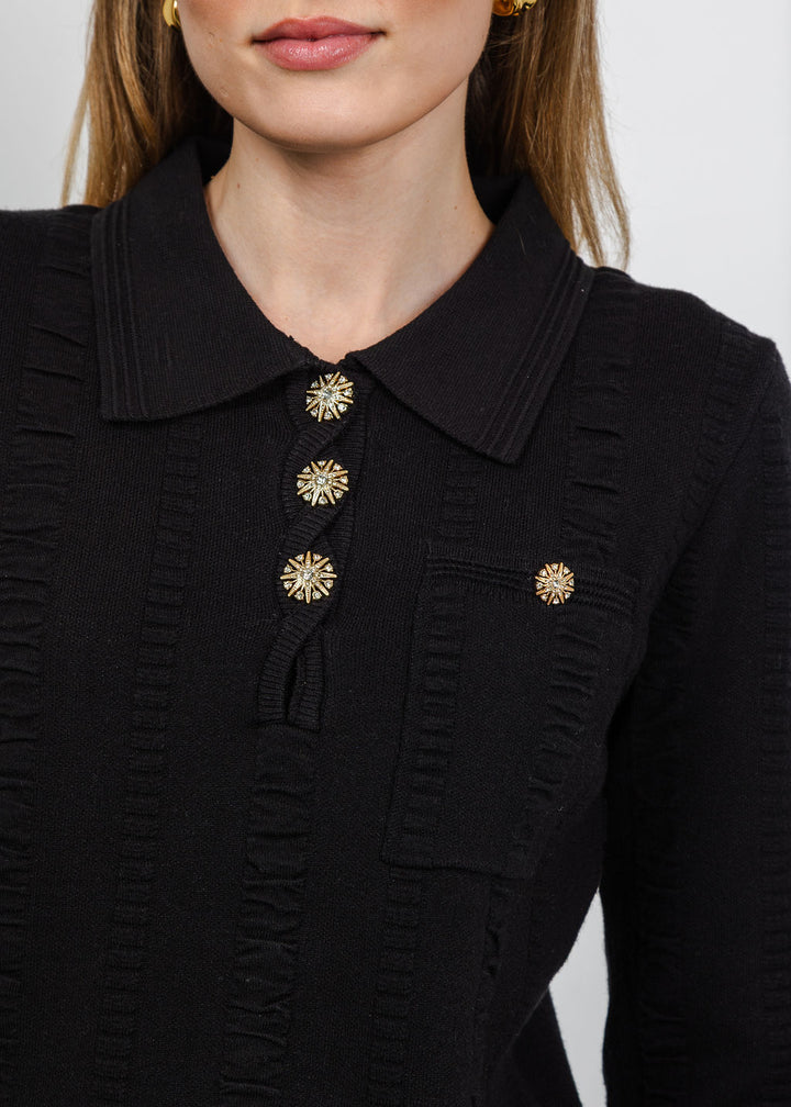 Leo &amp; Ugo Jewel Button Polo Top in Black available at Barbara Katz
