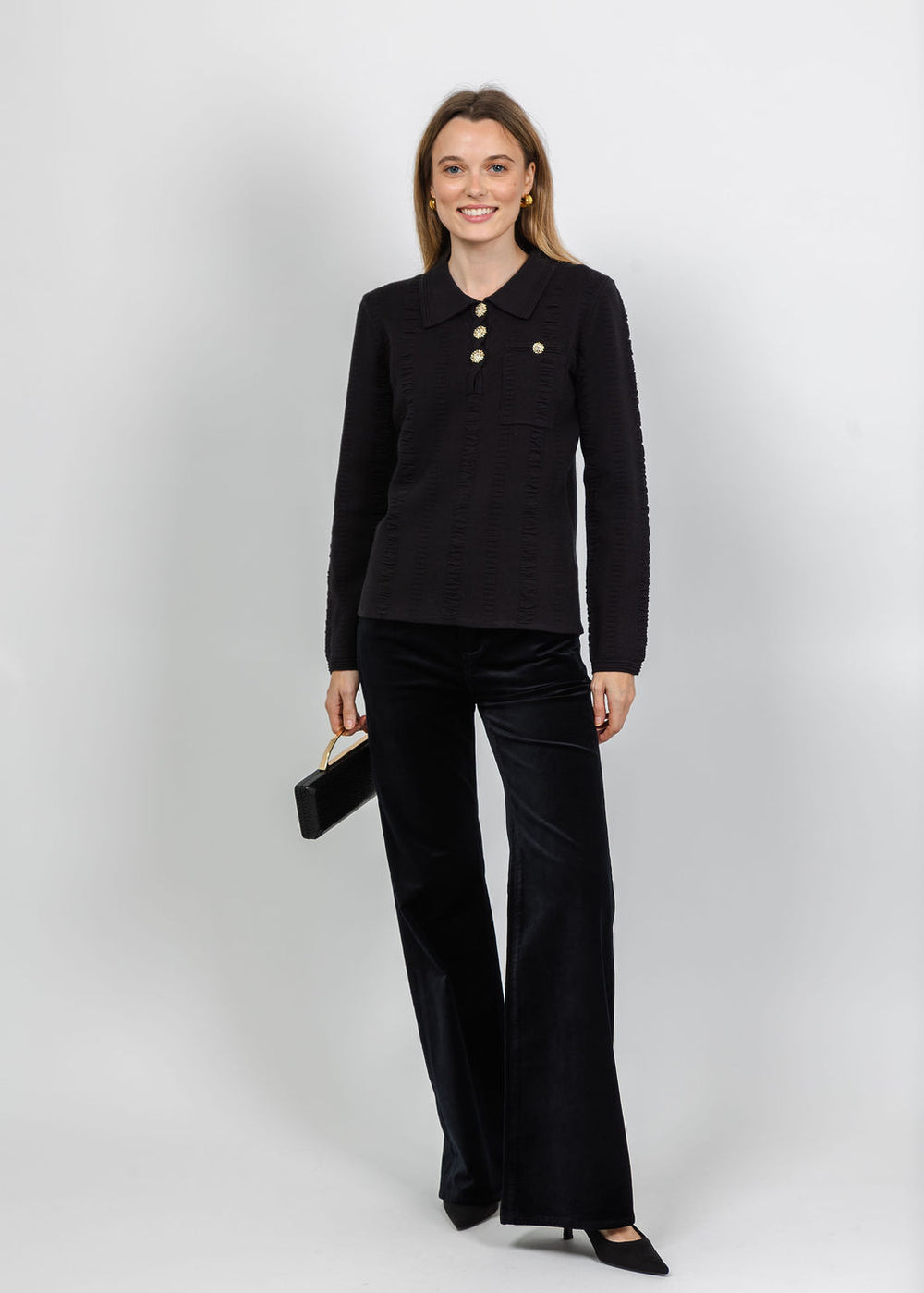 Leo & Ugo Jewel Button Polo Top in Black available at Barbara Katz