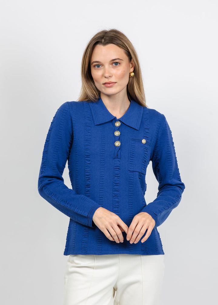 Leo &amp; Ugo Jewel Button Polo Top in Deep Blue available at Barbara Katz