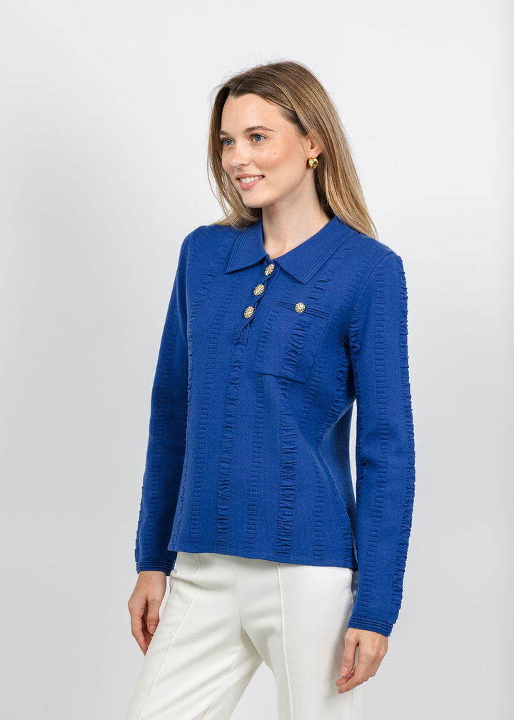 Leo &amp; Ugo Jewel Button Polo Top in Deep Blue available at Barbara Katz