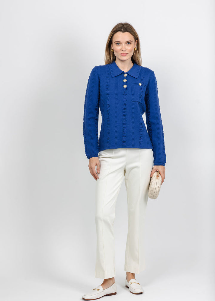Leo &amp; Ugo Jewel Button Polo Top in Deep Blue paired with Olivia by Habitat Knit Denim Kick Flare Pant in Ivory available at Barbara Katz