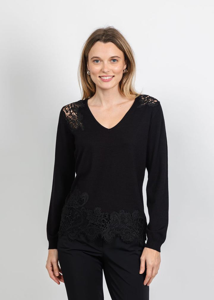 Leo &amp; Ugo Lace V-Neck Sweater in Black available at Barbara Katz