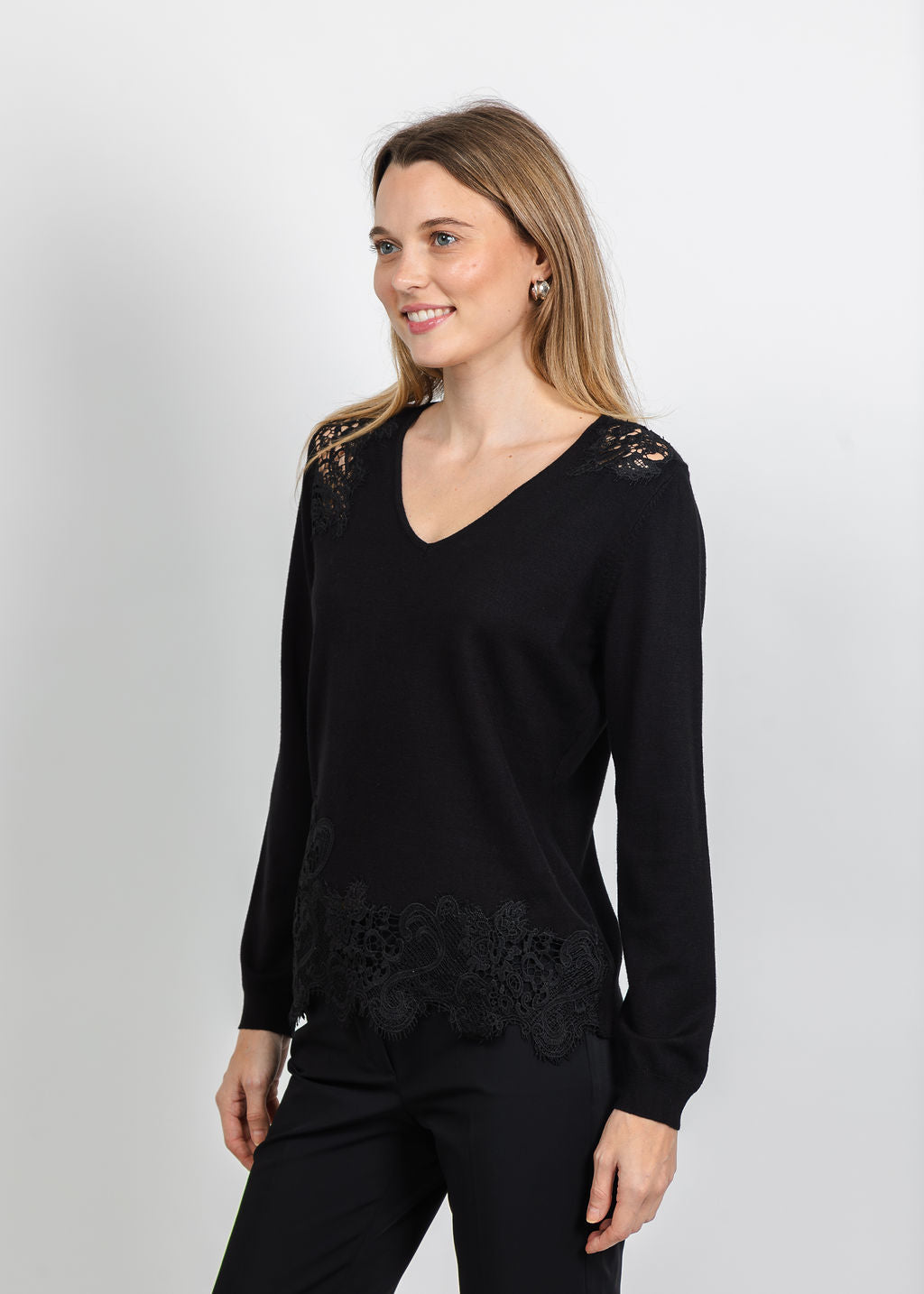 Leo &amp; Ugo Lace V-Neck Sweater in Black available at Barbara Katz