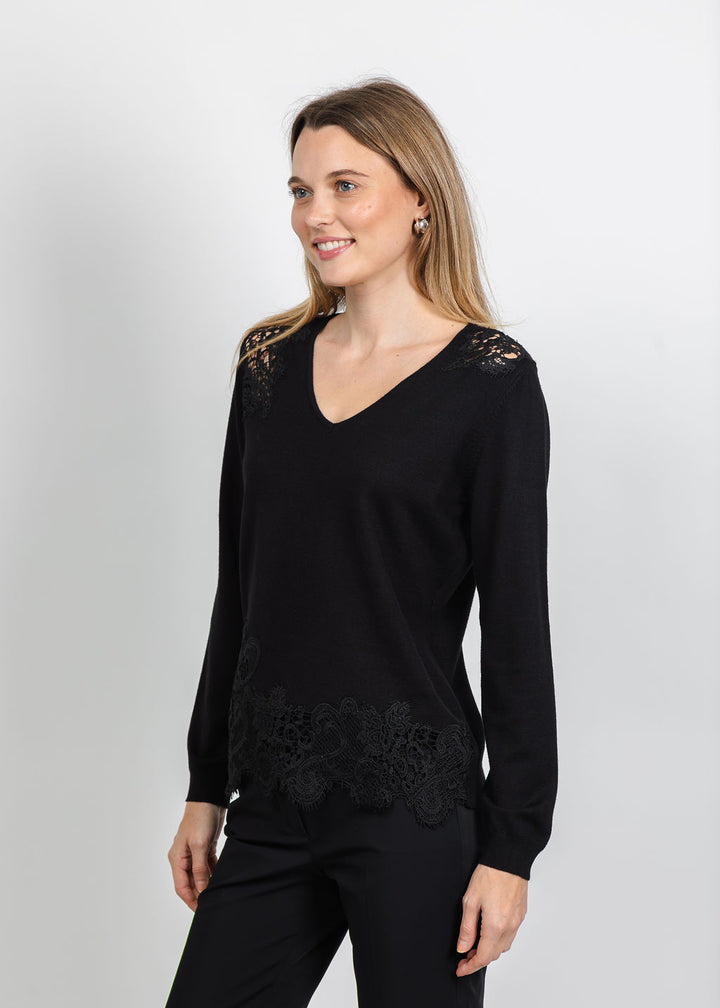 Leo &amp; Ugo Lace V-Neck Sweater in Black available at Barbara Katz