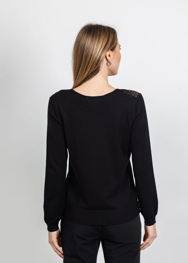 Leo &amp; Ugo Lace V-Neck Sweater in Black available at Barbara Katz