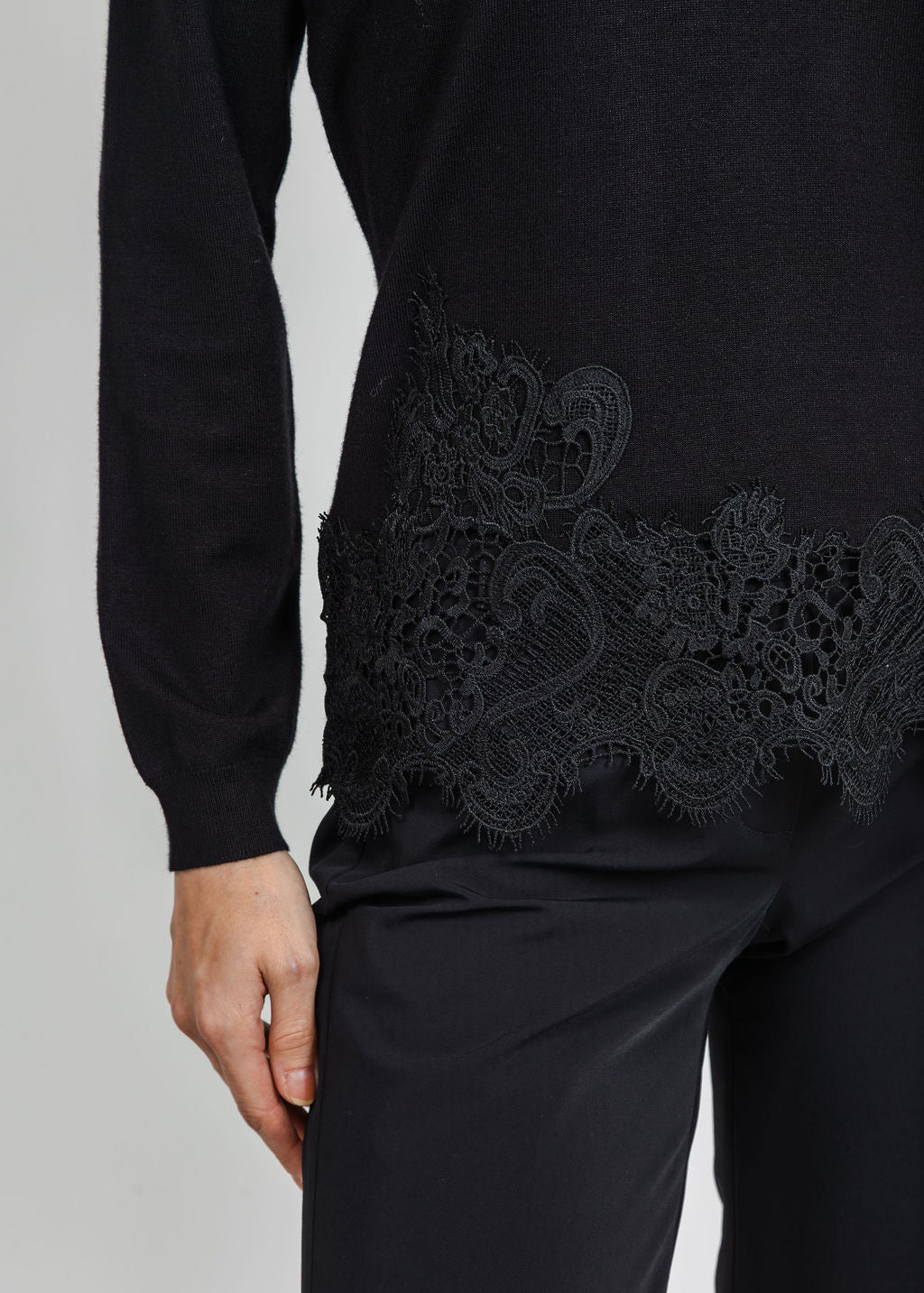 Leo &amp; Ugo Lace V-Neck Sweater in Black available at Barbara Katz