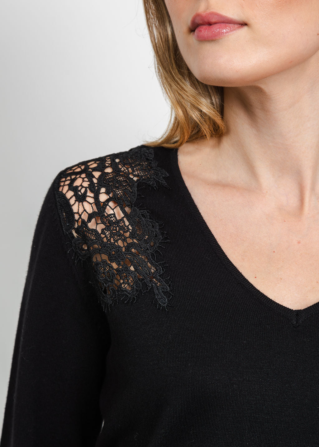 Leo &amp; Ugo Lace V-Neck Sweater in Black available at Barbara Katz