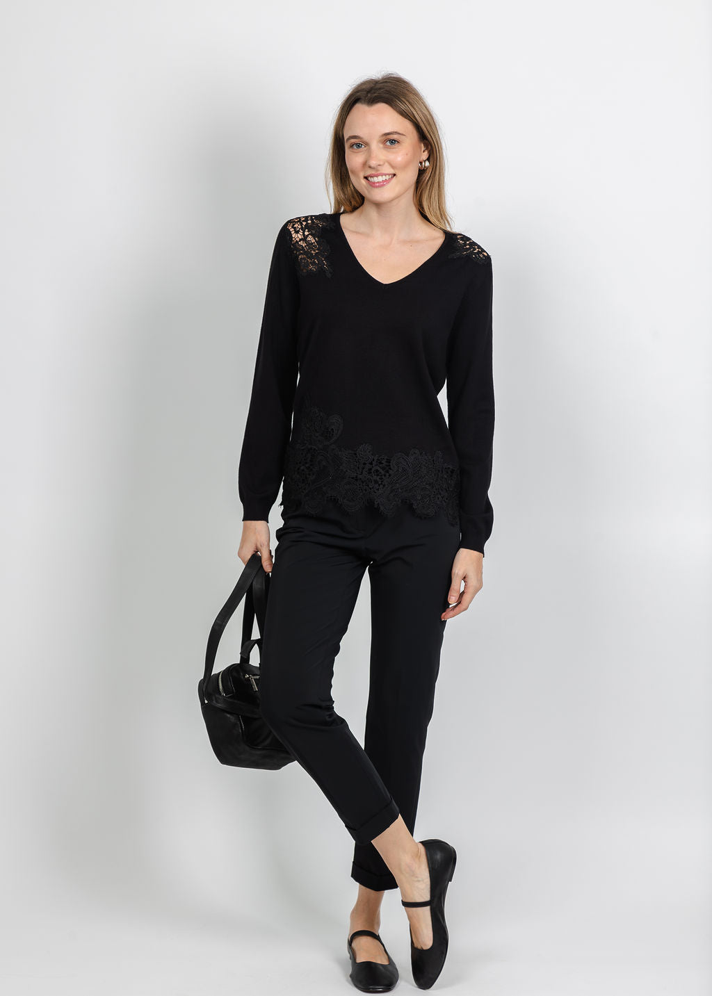 Leo &amp; Ugo Lace V-Neck Sweater in Black available at Barbara Katz