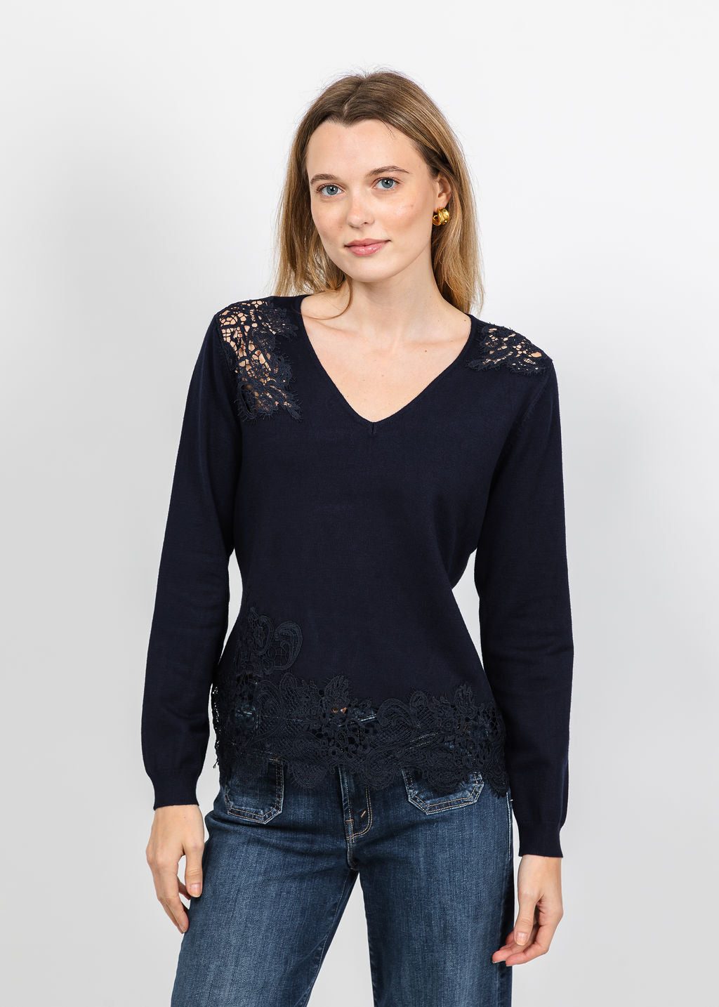 Leo &amp; Ugo Lace V-Neck Sweater in Navy Blue available at Barbara Katz
