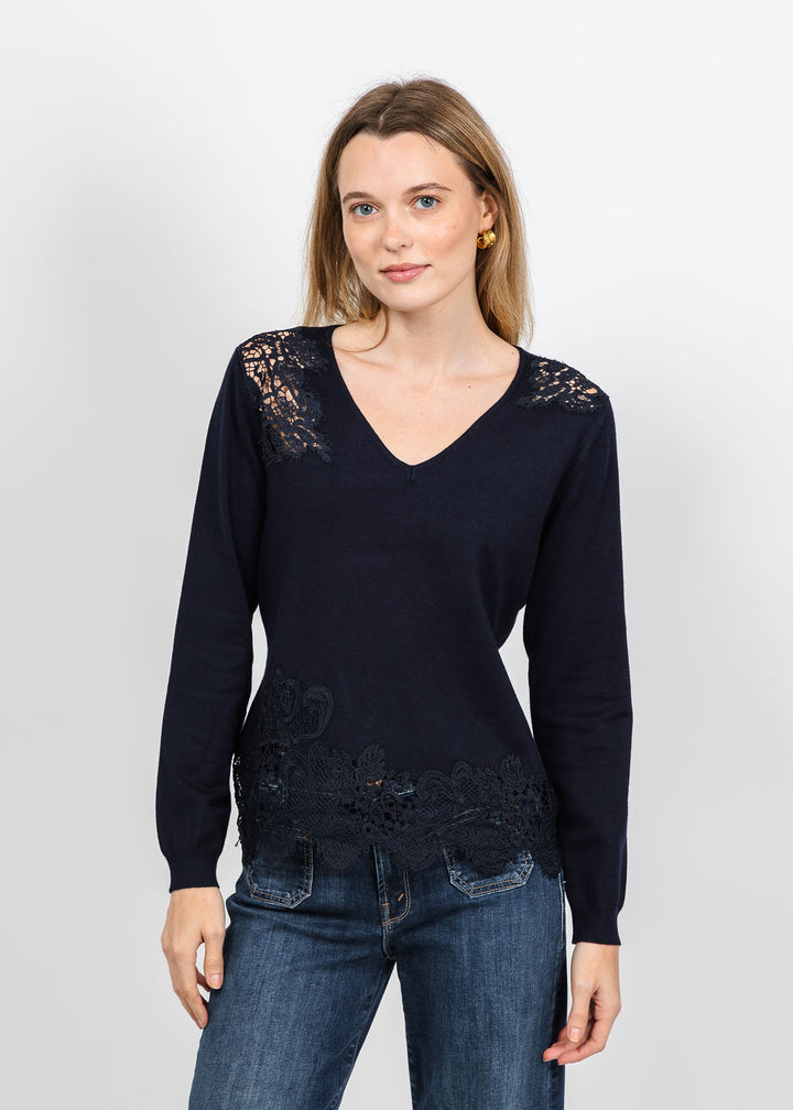 Leo &amp; Ugo Lace V-Neck Sweater in Navy Blue available at Barbara Katz