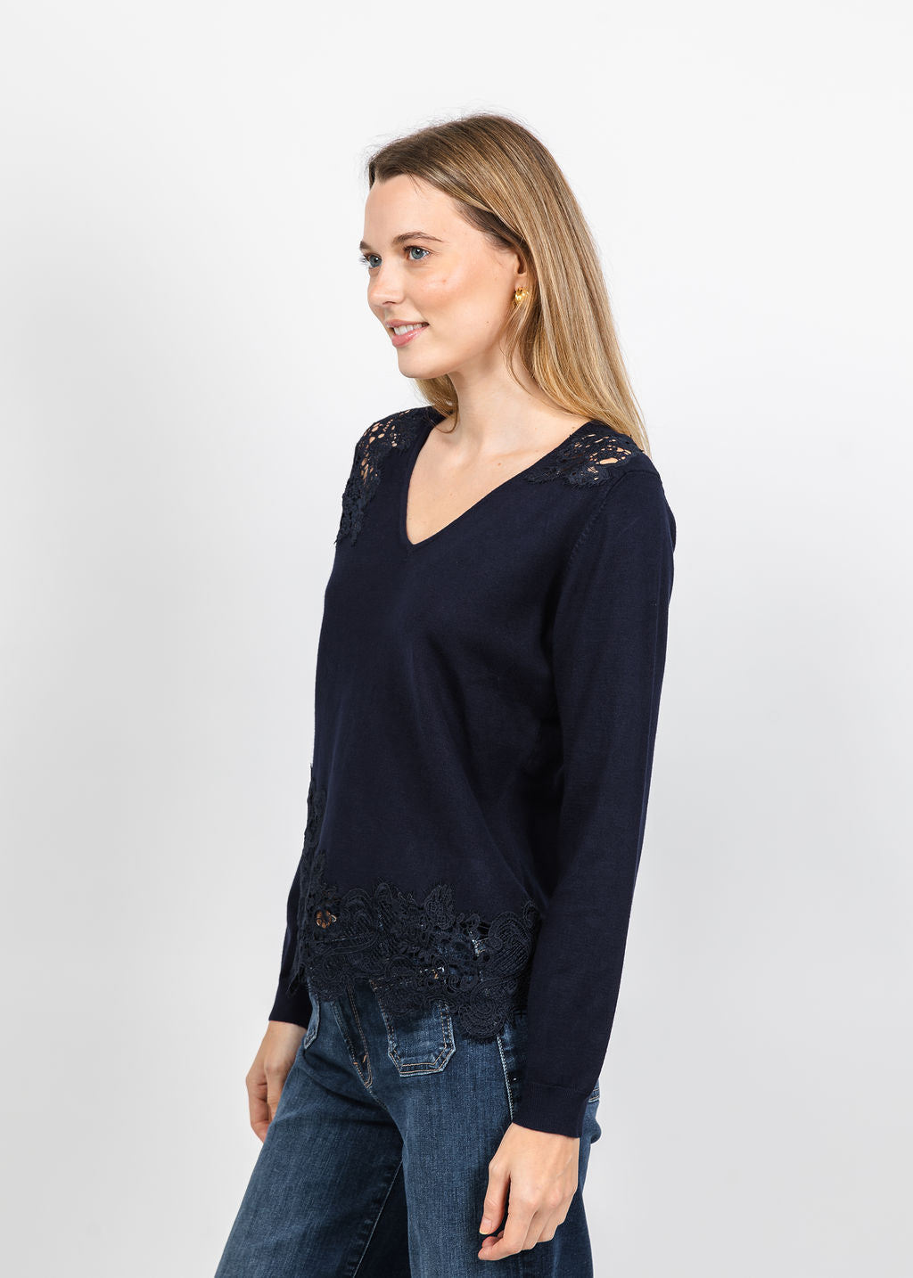 Leo &amp; Ugo Lace V-Neck Sweater in Navy Blue available at Barbara Katz
