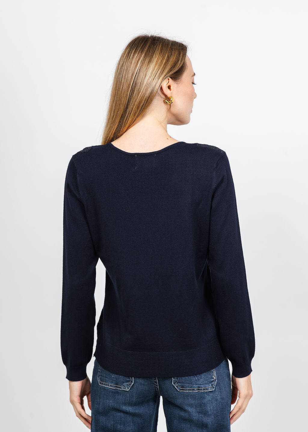 Leo &amp; Ugo Lace V-Neck Sweater in Navy Blue available at Barbara Katz