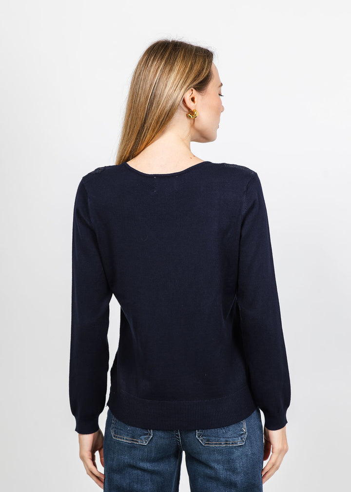 Leo &amp; Ugo Lace V-Neck Sweater in Navy Blue available at Barbara Katz