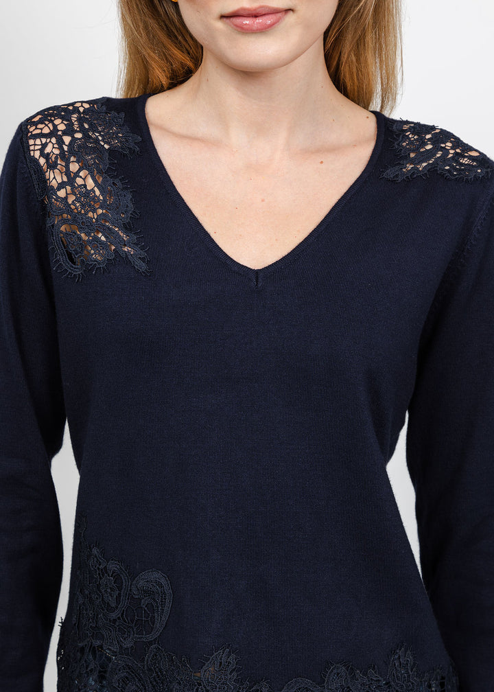 Leo &amp; Ugo Lace V-Neck Sweater in Navy Blue available at Barbara Katz