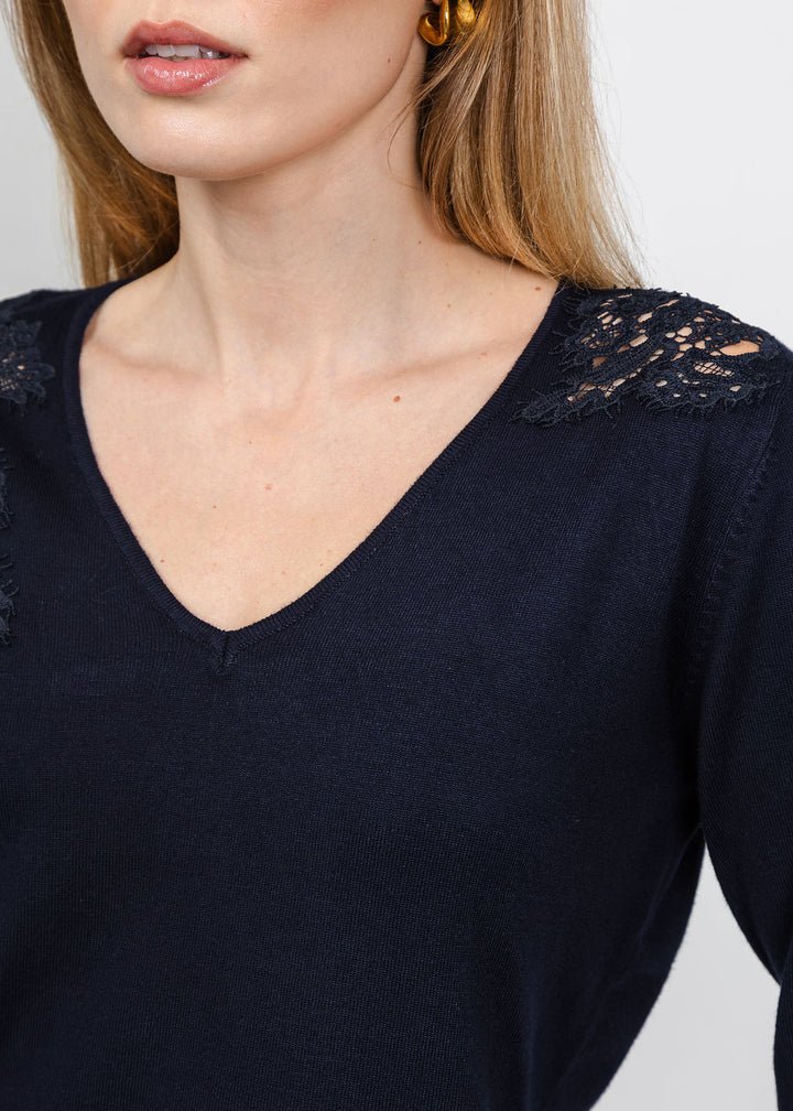 Leo &amp; Ugo Lace V-Neck Sweater in Navy Blue available at Barbara Katz