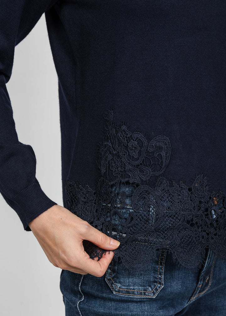 Leo &amp; Ugo Lace V-Neck Sweater in Navy Blue available at Barbara Katz