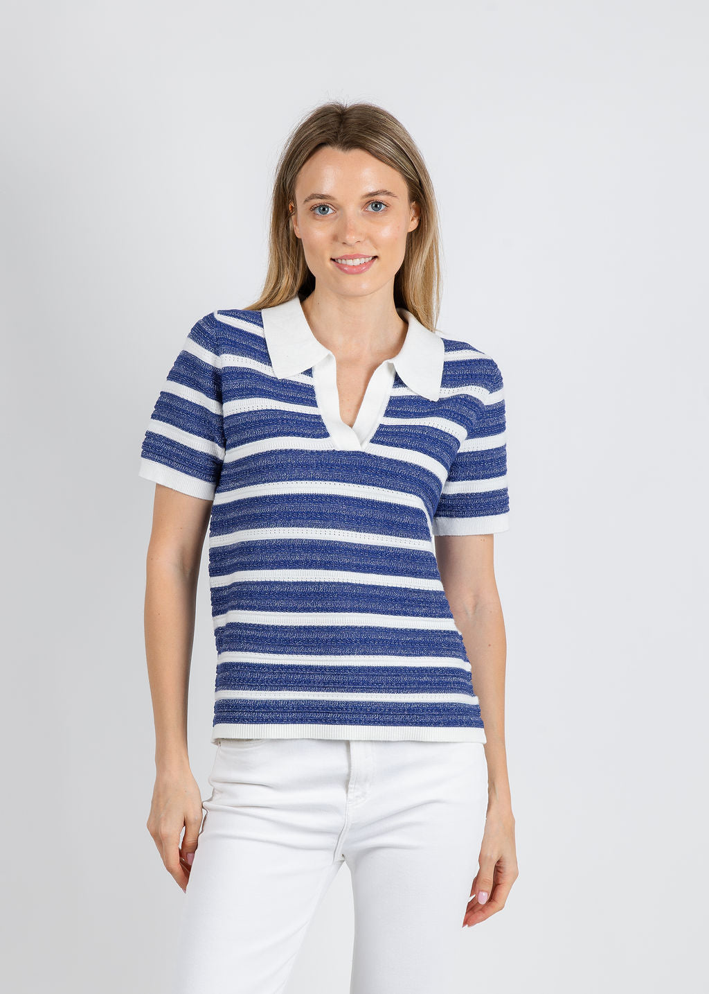 Leo & Ugo Luna Lurex Stripe Sweater in Blue/White available at Barbara Katz