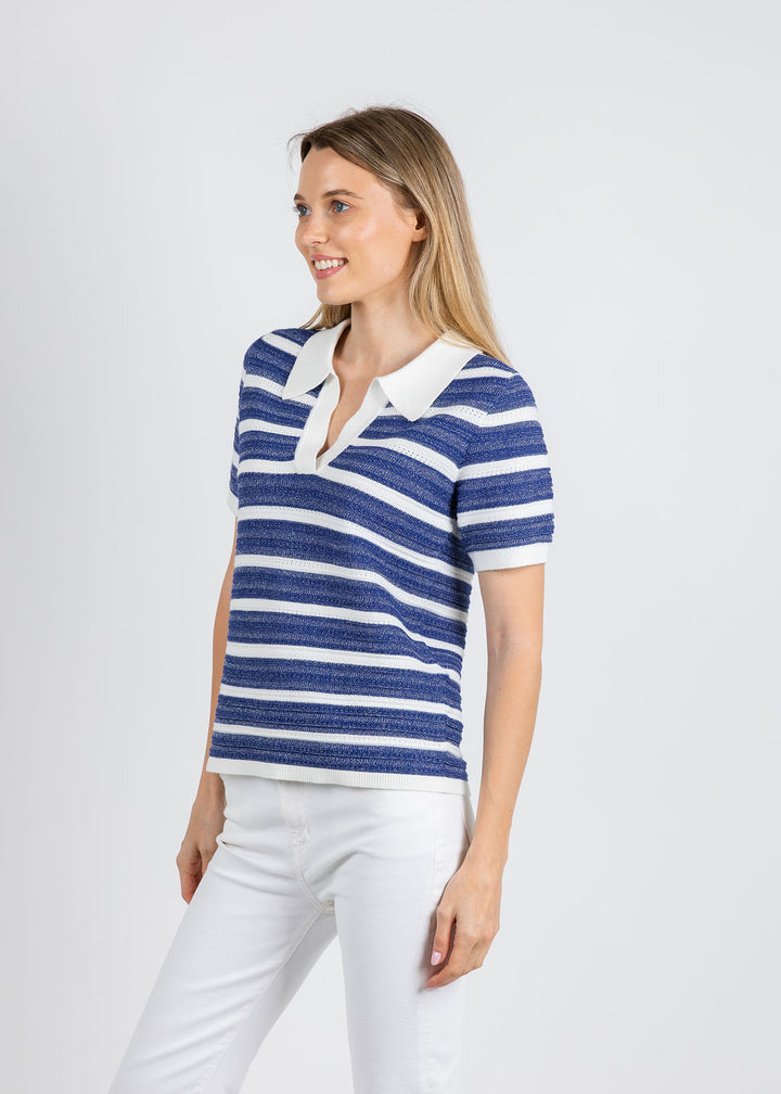 Leo & Ugo Luna Lurex Stripe Sweater in Blue/White available at Barbara Katz
