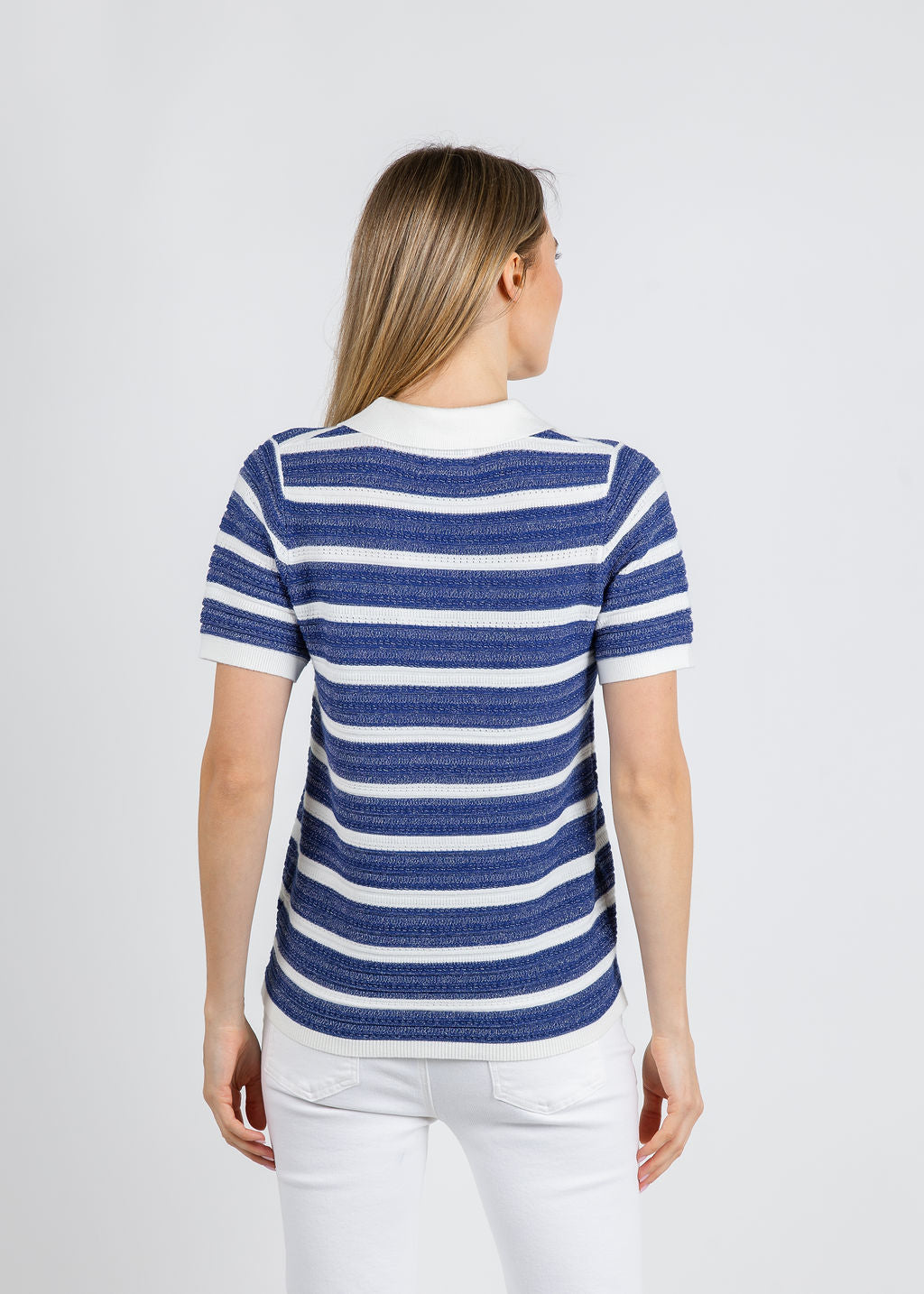 Leo & Ugo Luna Lurex Stripe Sweater in Blue/White available at Barbara Katz