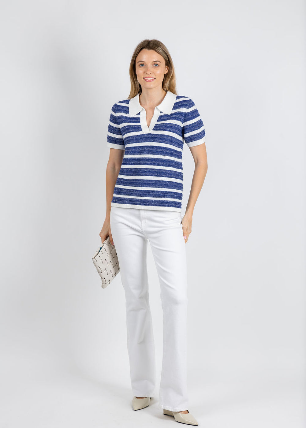 Leo & Ugo Luna Lurex Stripe Sweater in Blue/White available at Barbara Katz