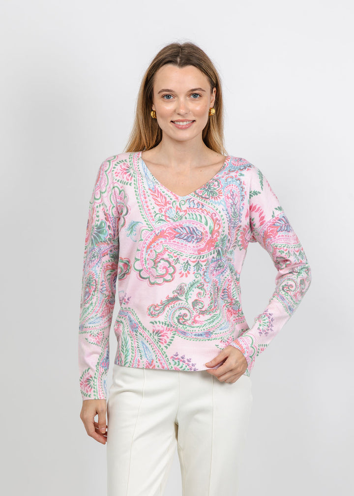 Leo &amp; Ugo Paisley V-Neck Sweater in Pink Multi available at Barbara Katz