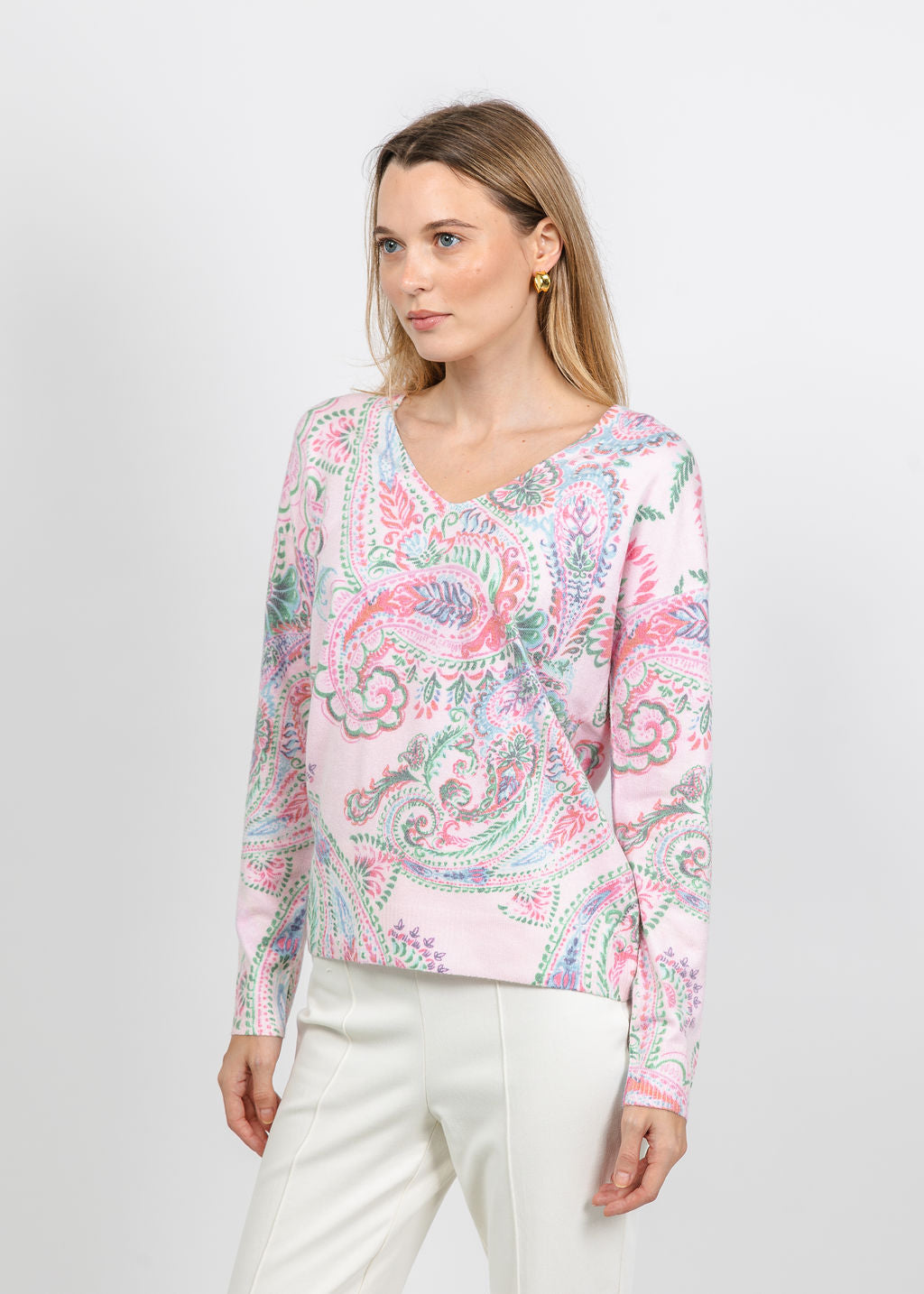 Leo &amp; Ugo Paisley V-Neck Sweater in Pink Multi available at Barbara Katz