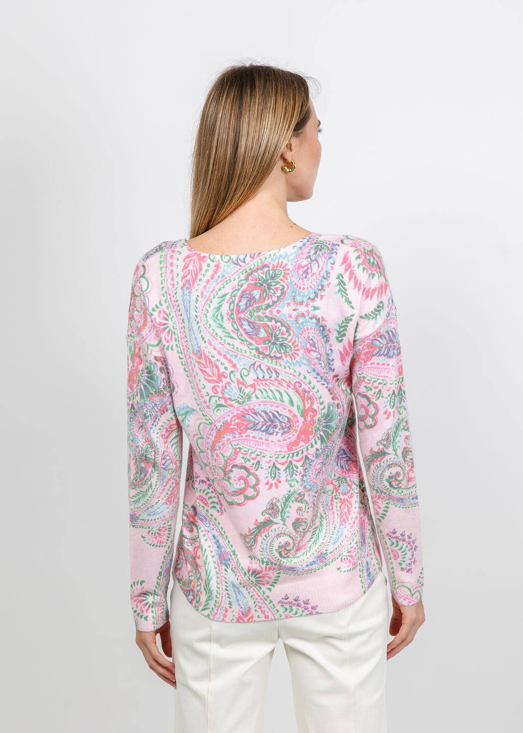 Leo &amp; Ugo Paisley V-Neck Sweater in Pink Multi available at Barbara Katz