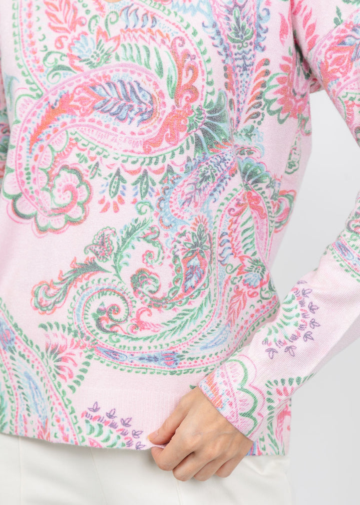 Leo &amp; Ugo Paisley V-Neck Sweater in Pink Multi available at Barbara Katz