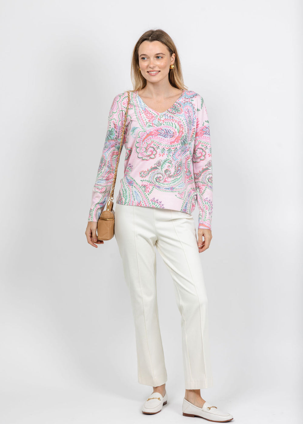 Leo & Ugo Paisley V-Neck Sweater in Pink Multi paired with Olivia by Habitat Knit Denim Kick Flare Pant in Ivory available at Barbara Katz
