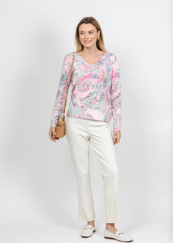 Leo &amp; Ugo Paisley V-Neck Sweater in Pink Multi paired with Olivia by Habitat Knit Denim Kick Flare Pant in Ivory available at Barbara Katz