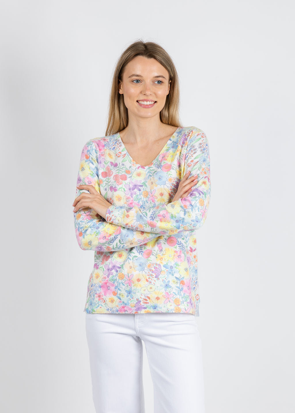 Leo & Ugo Pastel Floral V Neck Sweater in Floral Multi available at Barbara Katz