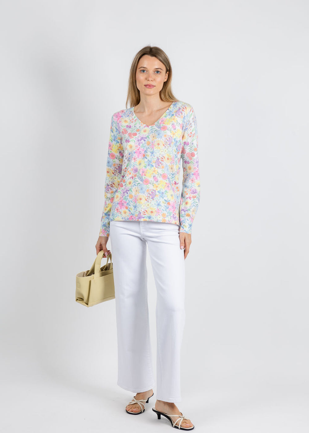 Leo & Ugo Pastel Floral V Neck Sweater in Floral Multi available at Barbara Katz