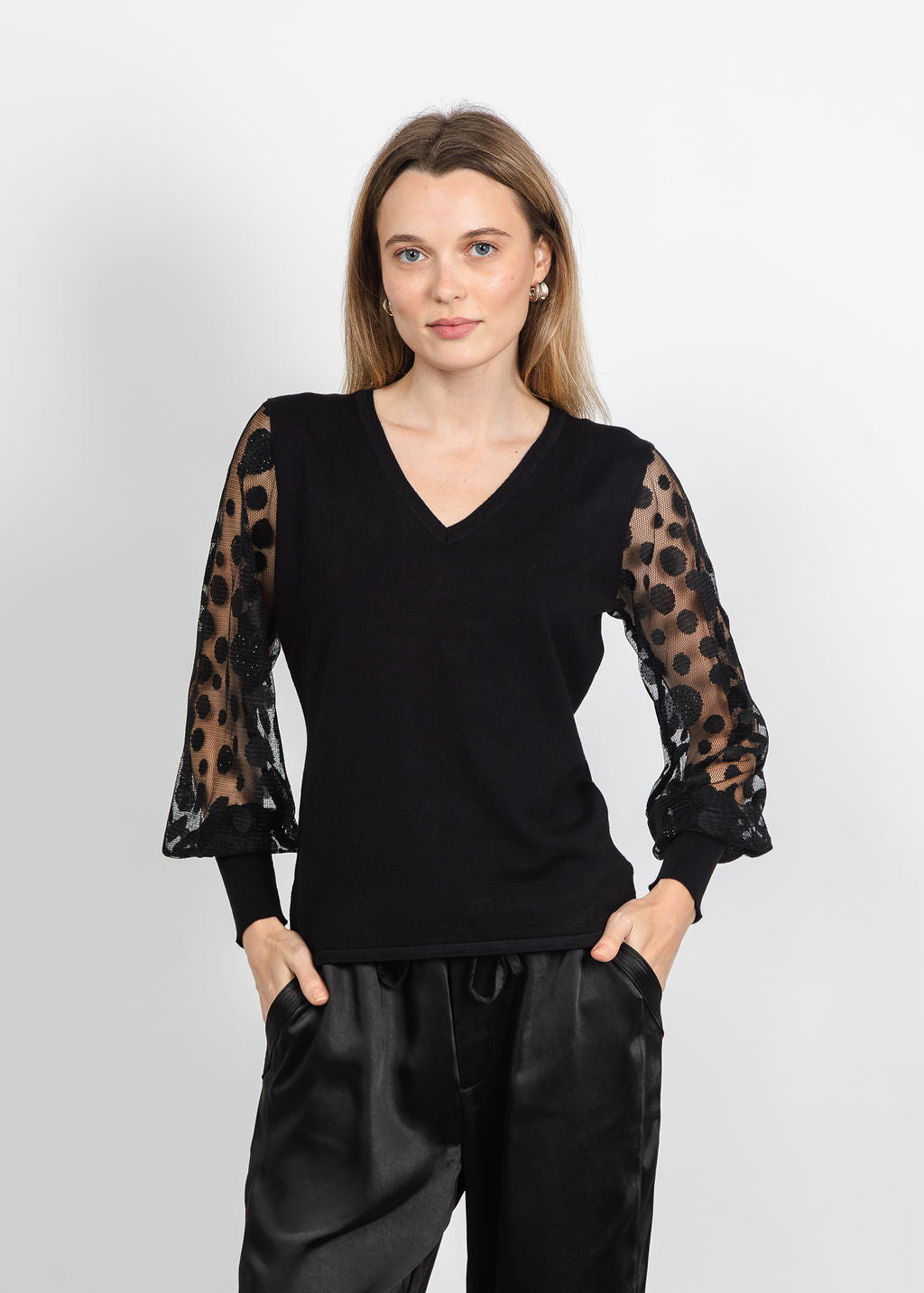 Leo &amp; Ugo Polka Dot Sleeve V-Neck Top in Black available at Barbara Katz