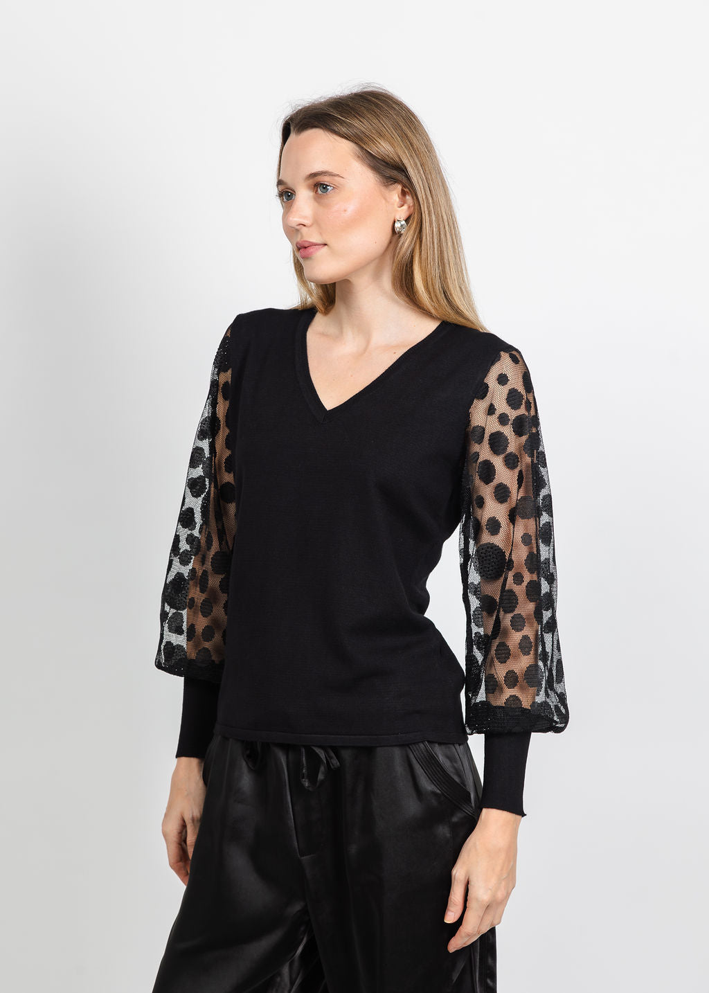 Leo &amp; Ugo Polka Dot Sleeve V-Neck Top in Black available at Barbara Katz