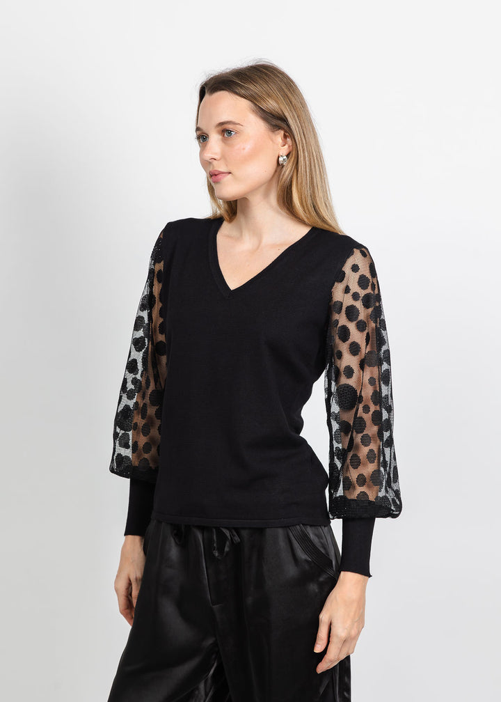 Leo &amp; Ugo Polka Dot Sleeve V-Neck Top in Black available at Barbara Katz