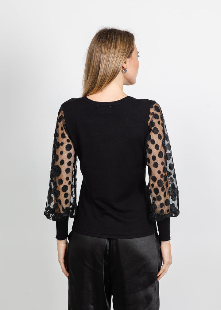 Leo &amp; Ugo Polka Dot Sleeve V-Neck Top in Black available at Barbara Katz