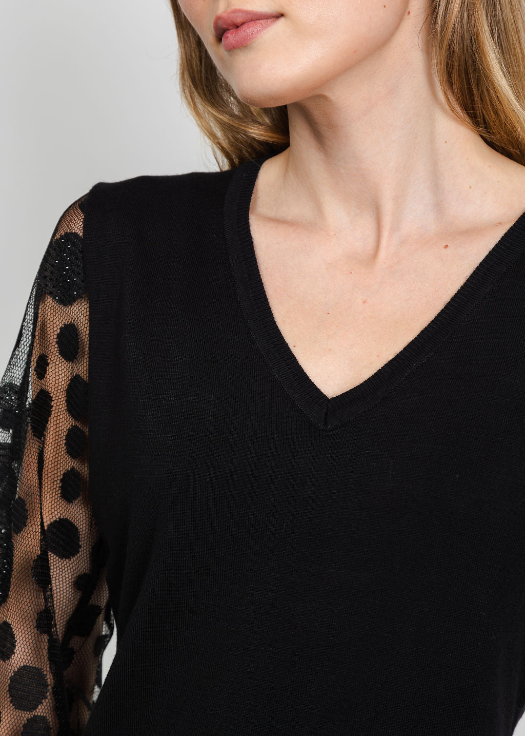 Leo &amp; Ugo Polka Dot Sleeve V-Neck Top in Black available at Barbara Katz