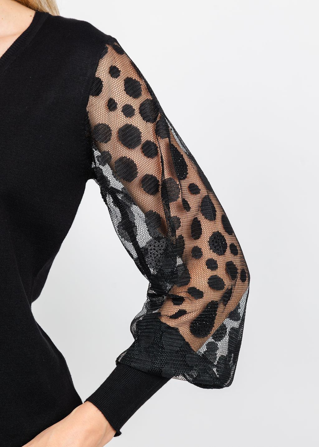 Leo &amp; Ugo Polka Dot Sleeve V-Neck Top in Black available at Barbara Katz