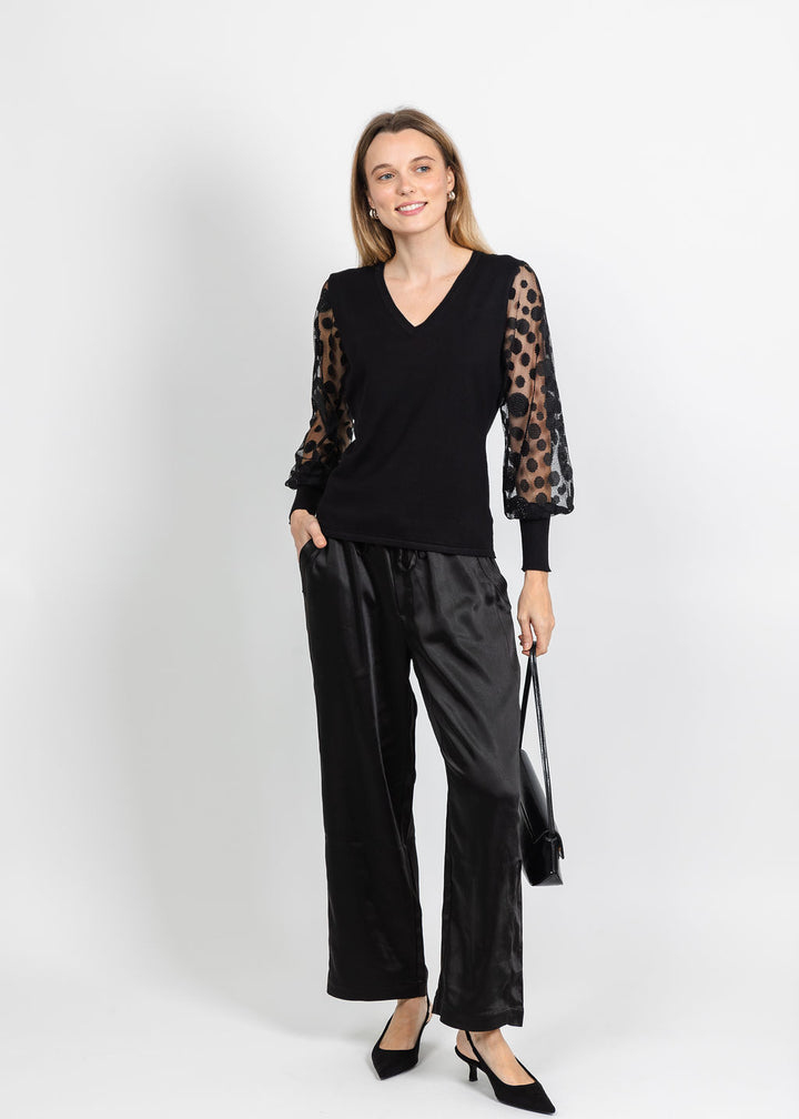 Leo &amp; Ugo Polka Dot Sleeve V-Neck Top in Black available at Barbara Katz