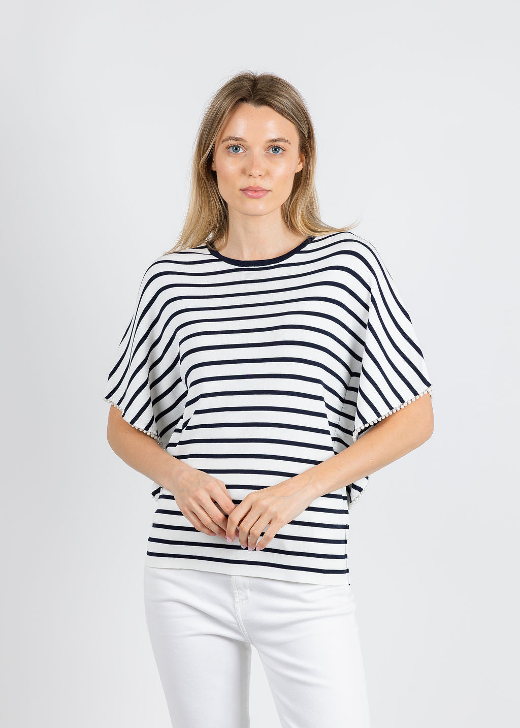 Leo & Ugo Relaxed Drapey Wide Stripe Top in White/Navy available at Barbara Katz
