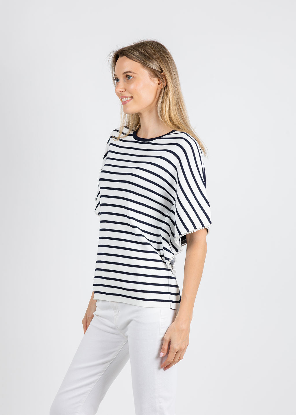 Leo & Ugo Relaxed Drapey Wide Stripe Top in White/Navy available at Barbara Katz
