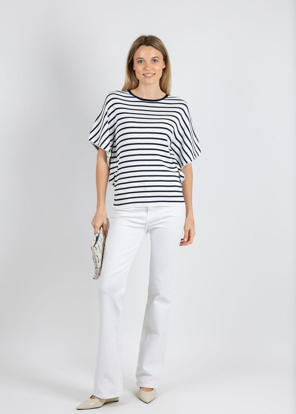 Leo & Ugo Relaxed Drapey Wide Stripe Top in White/Navy available at Barbara Katz