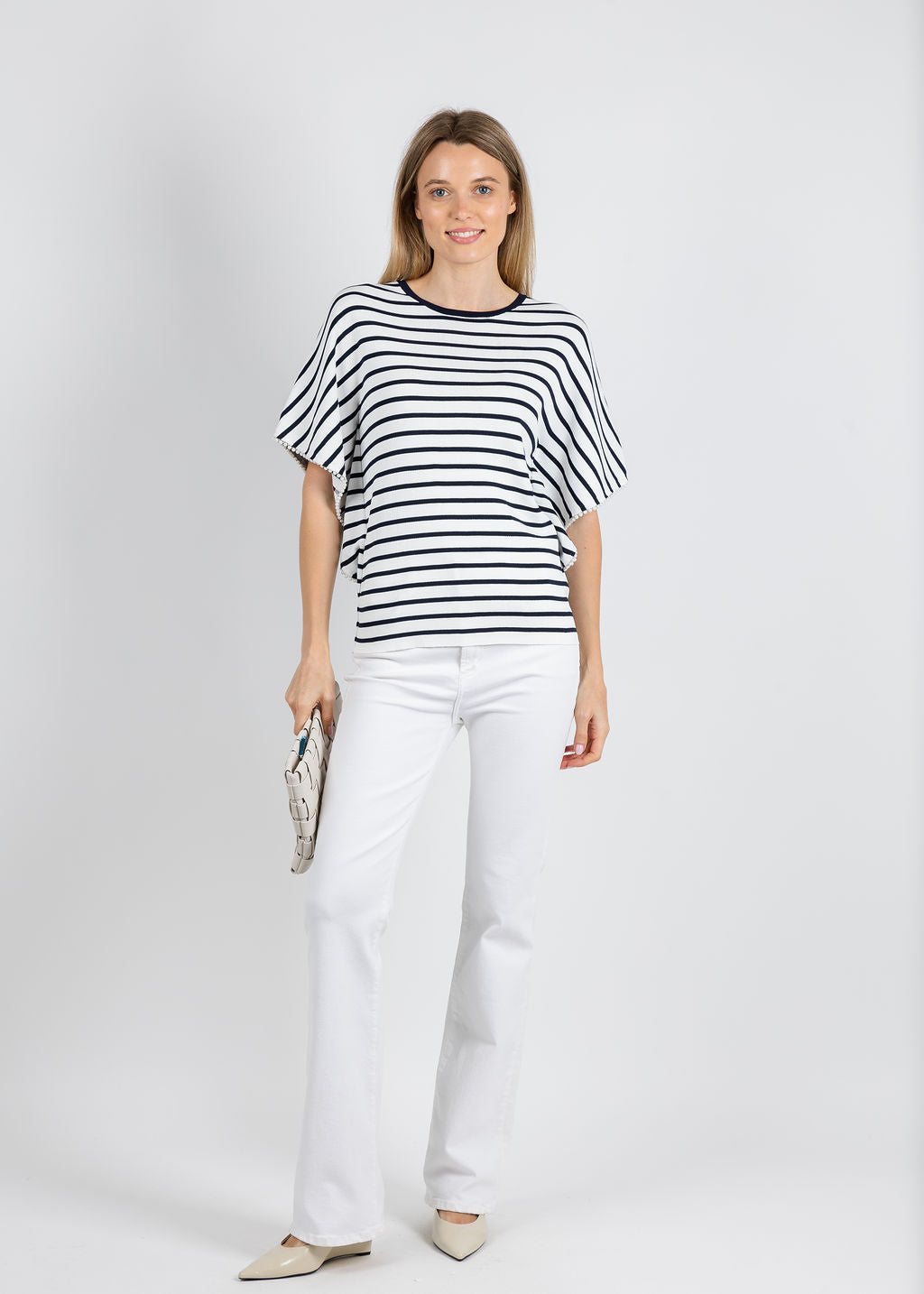 Leo & Ugo Relaxed Drapey Wide Stripe Top in White/Navy available at Barbara Katz