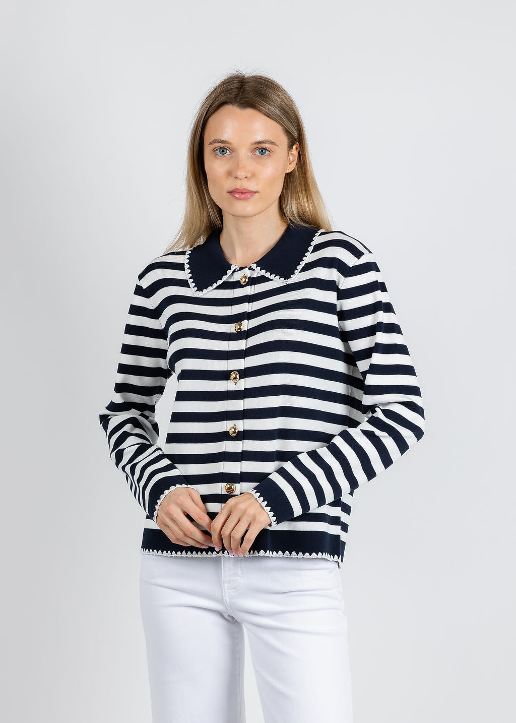 Leo & Ugo Scallop Neck Cardigan in White/Navy available at Barbara Katz