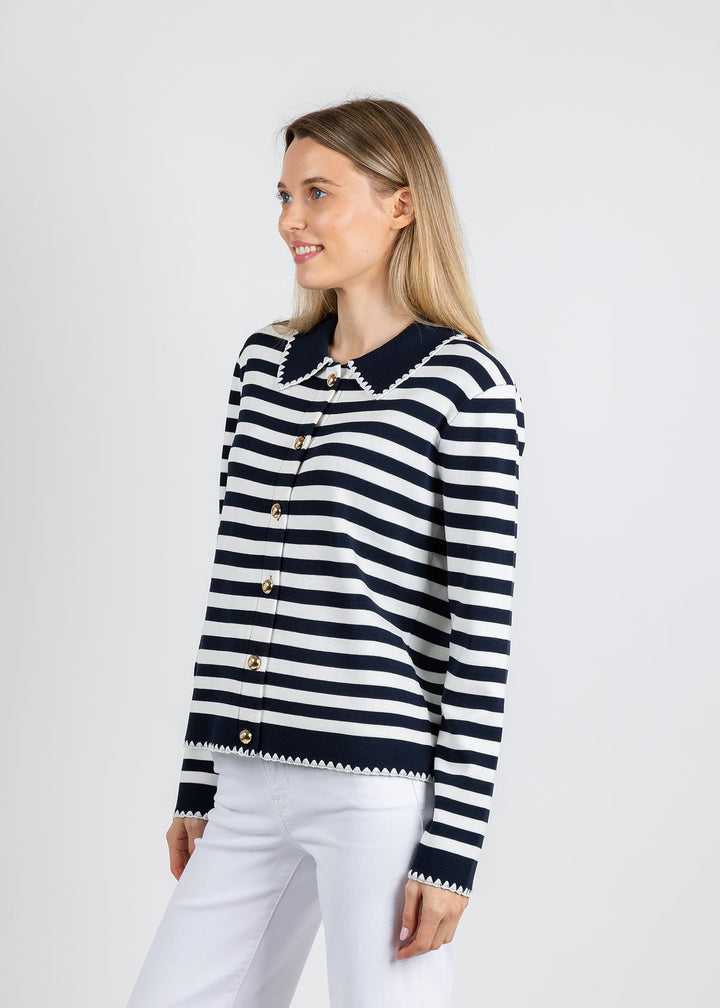 Leo & Ugo Scallop Neck Cardigan in White/Navy available at Barbara Katz