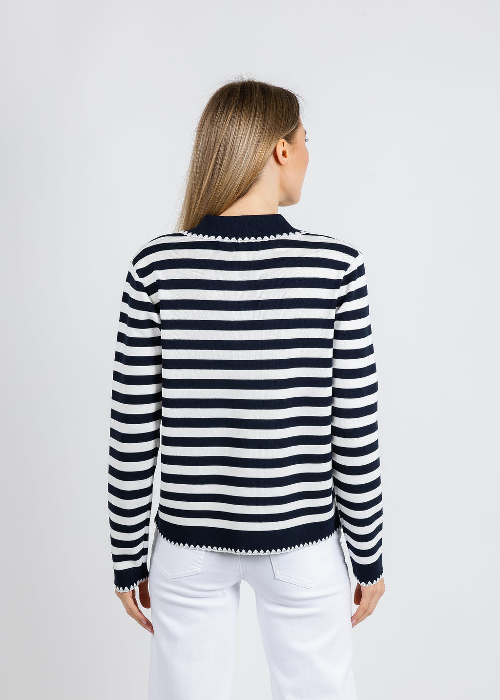 Leo & Ugo Scallop Neck Cardigan in White/Navy available at Barbara Katz