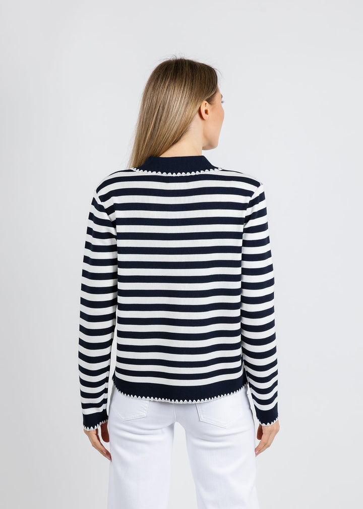 Leo & Ugo Scallop Neck Cardigan in White/Navy available at Barbara Katz