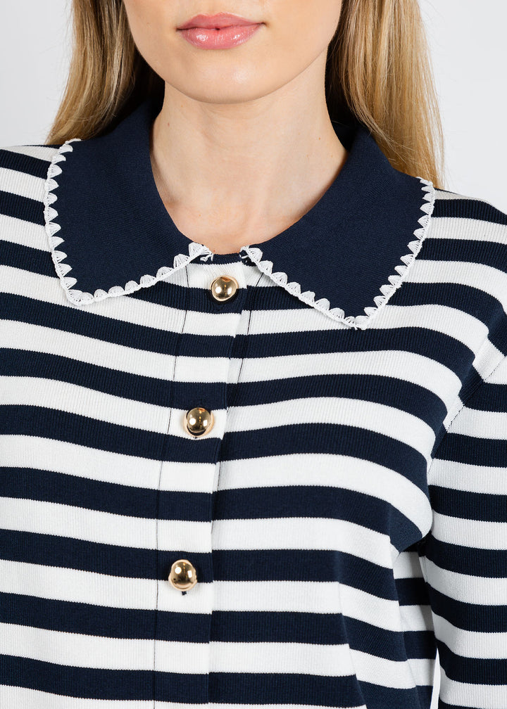Leo & Ugo Scallop Neck Cardigan in White/Navy available at Barbara Katz