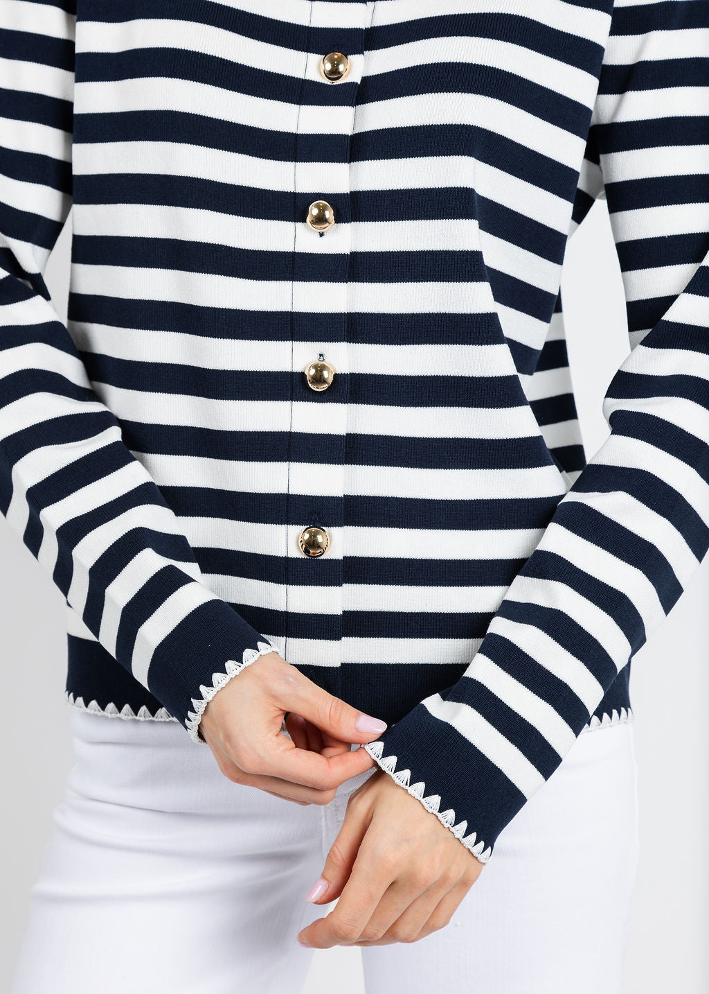 Leo & Ugo Scallop Neck Cardigan in White/Navy available at Barbara Katz