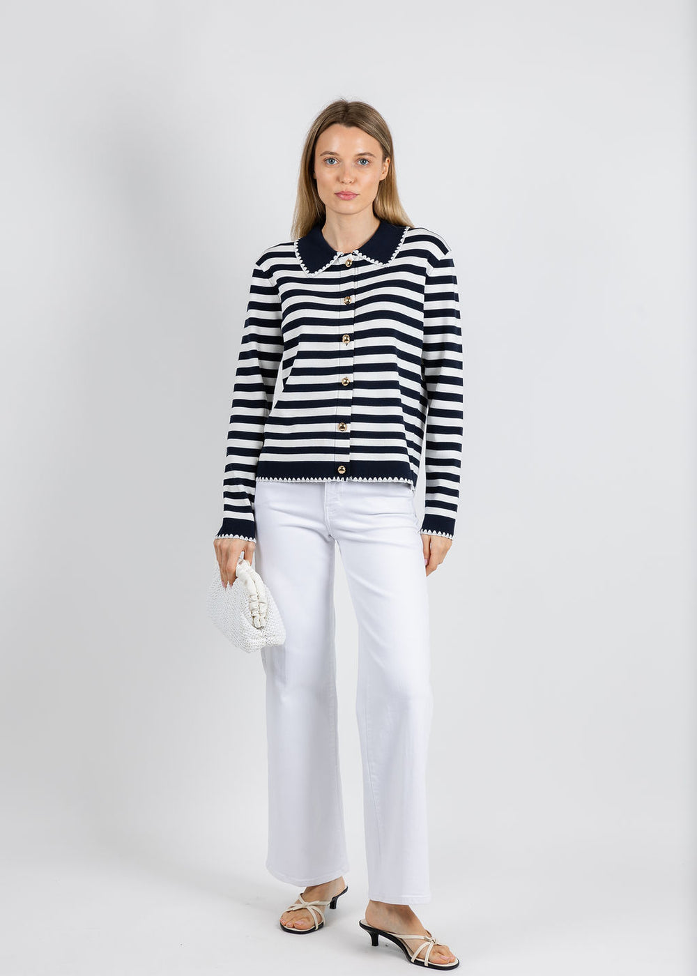 Leo & Ugo Scallop Neck Cardigan in White/Navy available at Barbara Katz